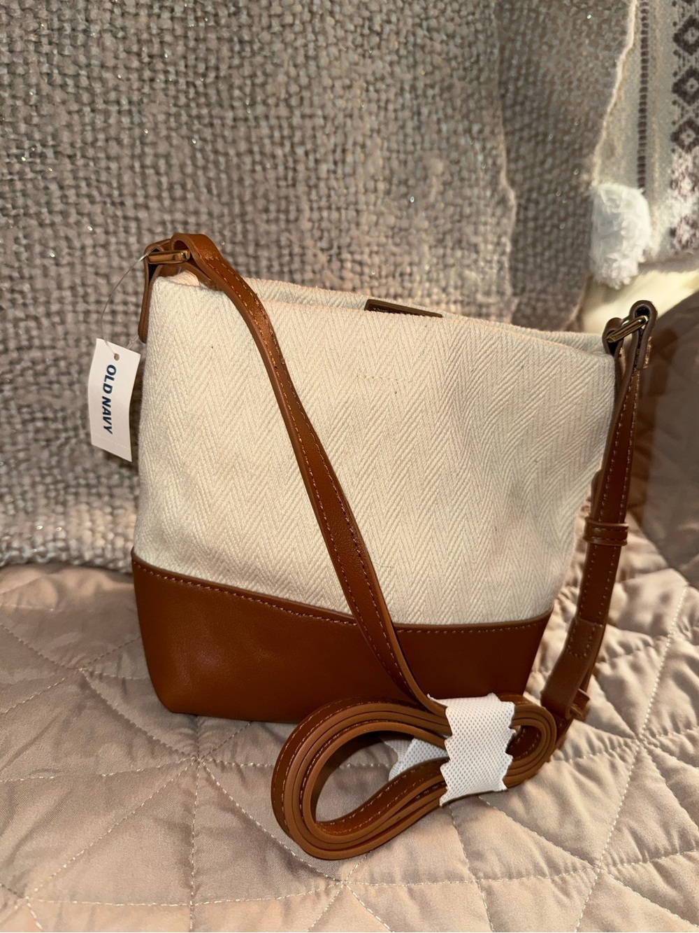 Old Navy Cream and Brown Crossbody Bag with Adjustable Strap